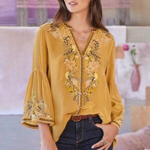 Sundance Satin Bell Sleeve Embroidered Blouse